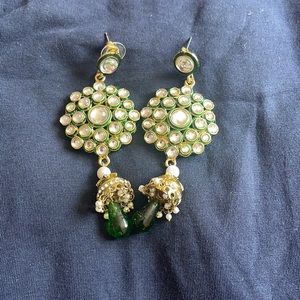 Touchstone Bollywood Green Rhinestone Gold Tone Earrings